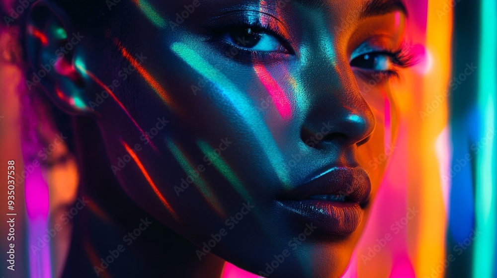 A striking close-up of a model's face illuminated by vibrant, colorful light patterns, showcasing beauty and artistic expression. A striking close-up of a model's face illuminated by vibrant, colorful light patterns, showcasing beauty and artistic expression.