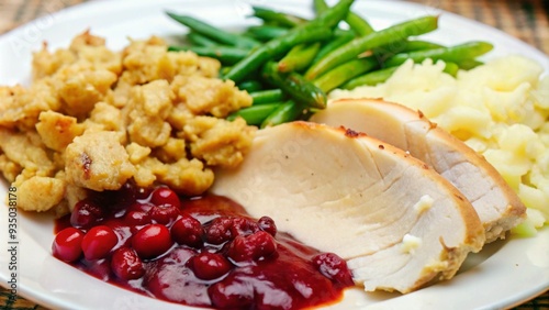 A plate of roasted turkey, mashed potatoes, green beans, stuffing, and cranberry sauce.