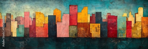 Panel kuchenny z motywem Abstract Landscape of RetroMetropolis sprawling cityscape mural blend of vintage sepia tone modern electric blue abstract building rise jagged nonlinear form hint of pastel pink muted teal adding