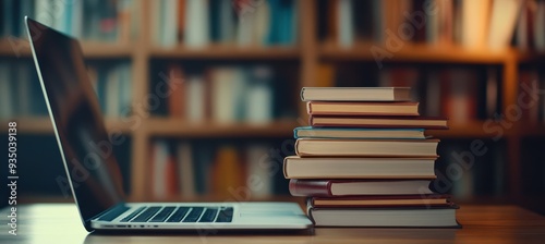 Laptop and books on a wooden desk in a modern office on a blurry background