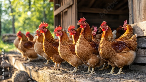 Chickens roosting in a large, airy coop, poultry farming, sustainable livestock management photo