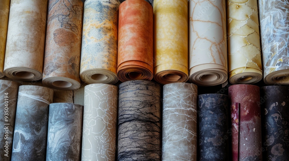 Various wallpaper rolls. Different textures and colors, ai