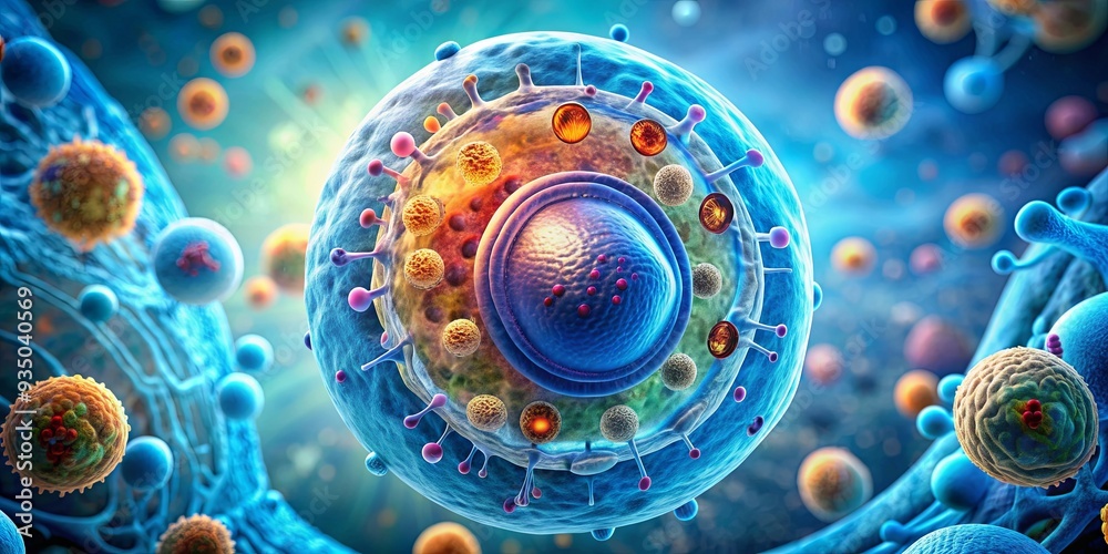 Detailed description Close-up of a human cell showing organelles and cellular structures, biology, science Detailed description Close-up of a human cell showing organelles and cellular structures, biology, science