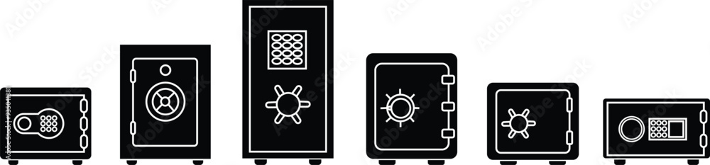 Safe Deposit Box Icons Set. Closed safe and object that are stored in it such as money and security. Strongbox lock Vectors sign in flat style. Peter symbol or logo isolated on transparent background. Safe Deposit Box Icons Set. Closed safe and object that are stored in it such as money and security. Strongbox lock Vectors sign in flat style. Peter symbol or logo isolated on transparent background.