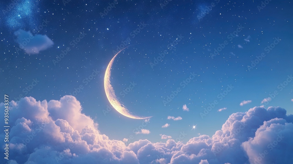 Fototapeta premium Banner Of Bright Glowing Crescent Moon Above Fluffy Clouds With Starry Sky Background with generative ai