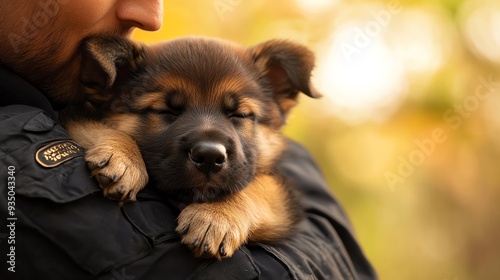 Police officer carrying a sleepy K9 puppy after a long day, puppy companionship, K9 handler bond photo