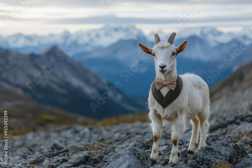 Dapper Goat: A goat in a bow tie and vest, standing on a rocky mountain path.