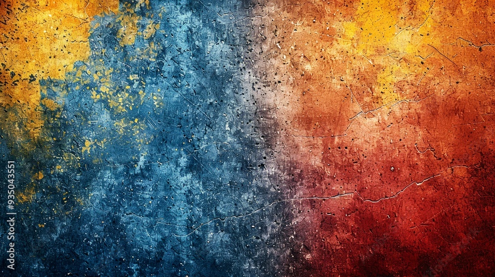 Fototapeta premium Distressed Concrete Wall with Blue, Yellow, and Red Hues
