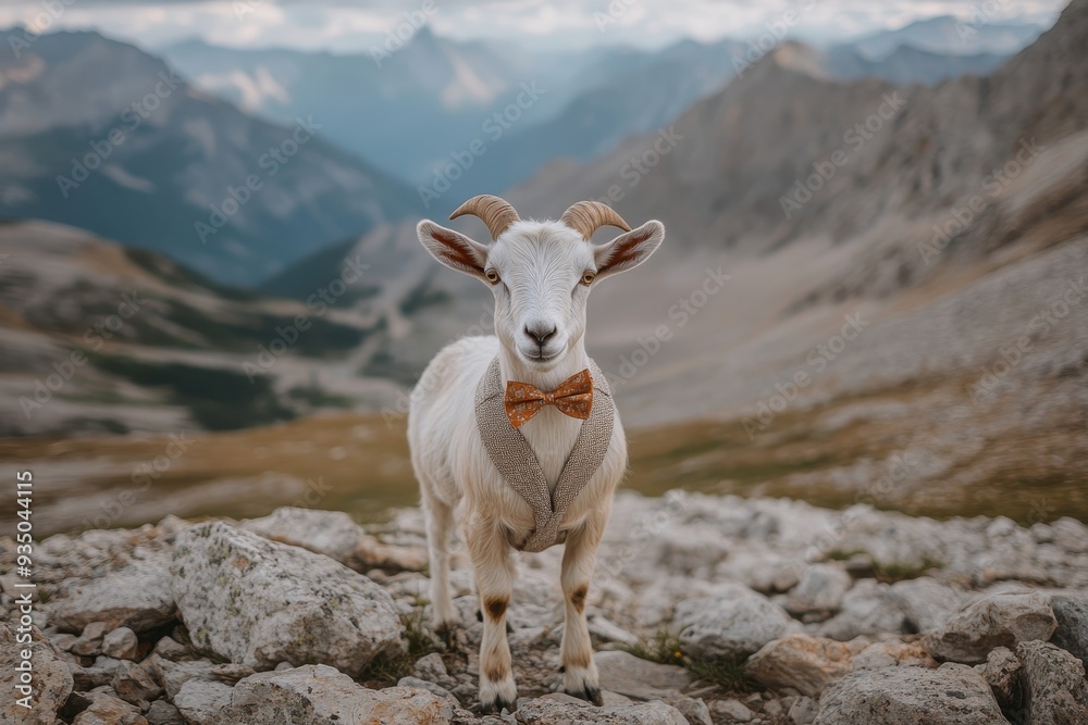 Obraz premium Dapper Goat: A goat in a bow tie and vest, standing on a rocky mountain path.
