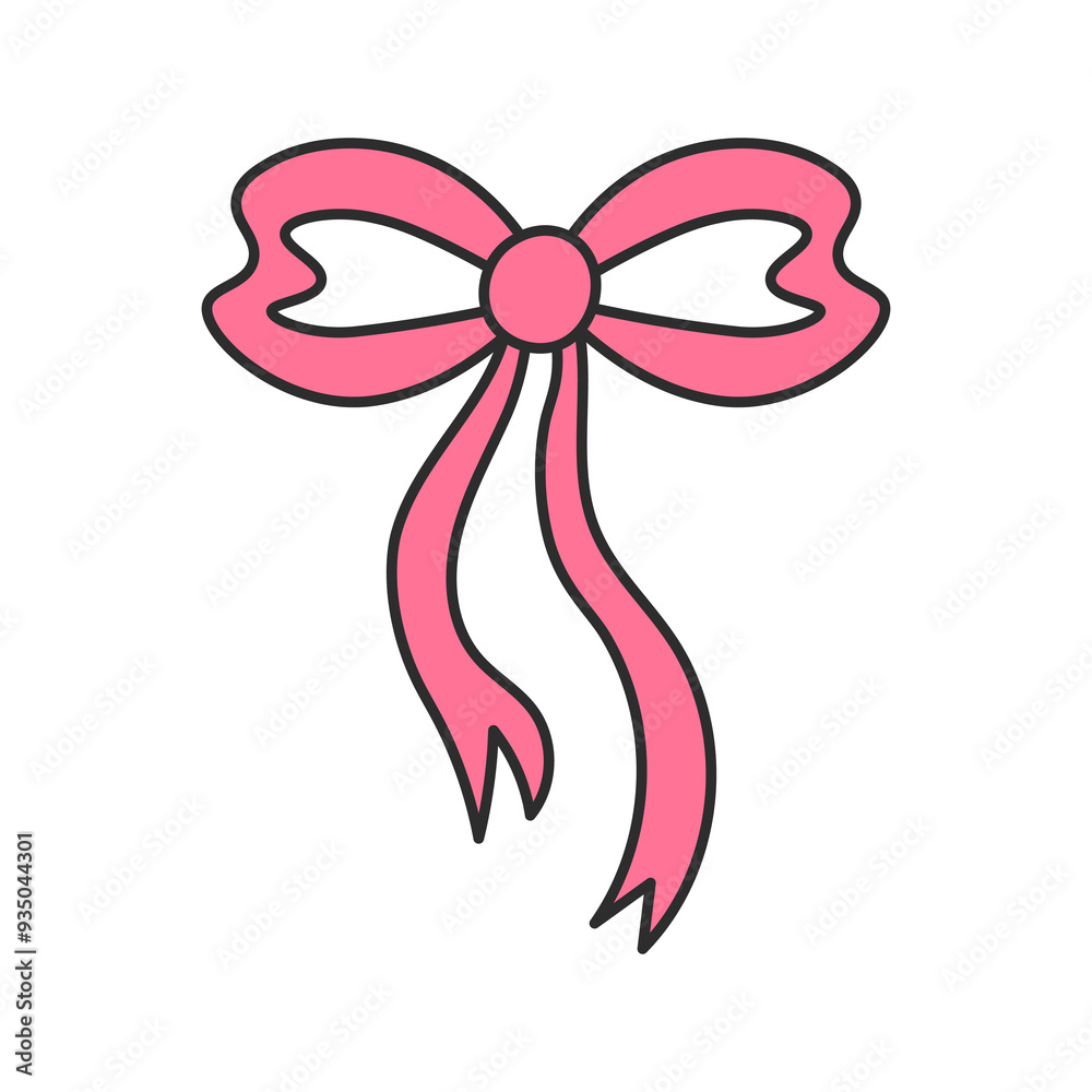 Pink Tied Bow Knot Doodle Icon. Hand drawn Celebratory Ribbon. Romantic Coquette design element. Isolated vector illustration on white background