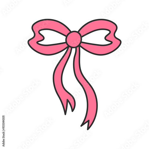 Pink Tied Bow Knot Doodle Icon. Hand drawn Celebratory Ribbon. Romantic Coquette design element. Isolated vector illustration on white background