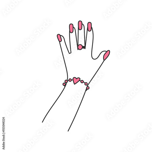 Woman Admiring Her Nails. Coquette female gesture. Girl's hand with Pink Manicure and Jewelry Ring Bracelet. Outline vector illustration in Doodle style