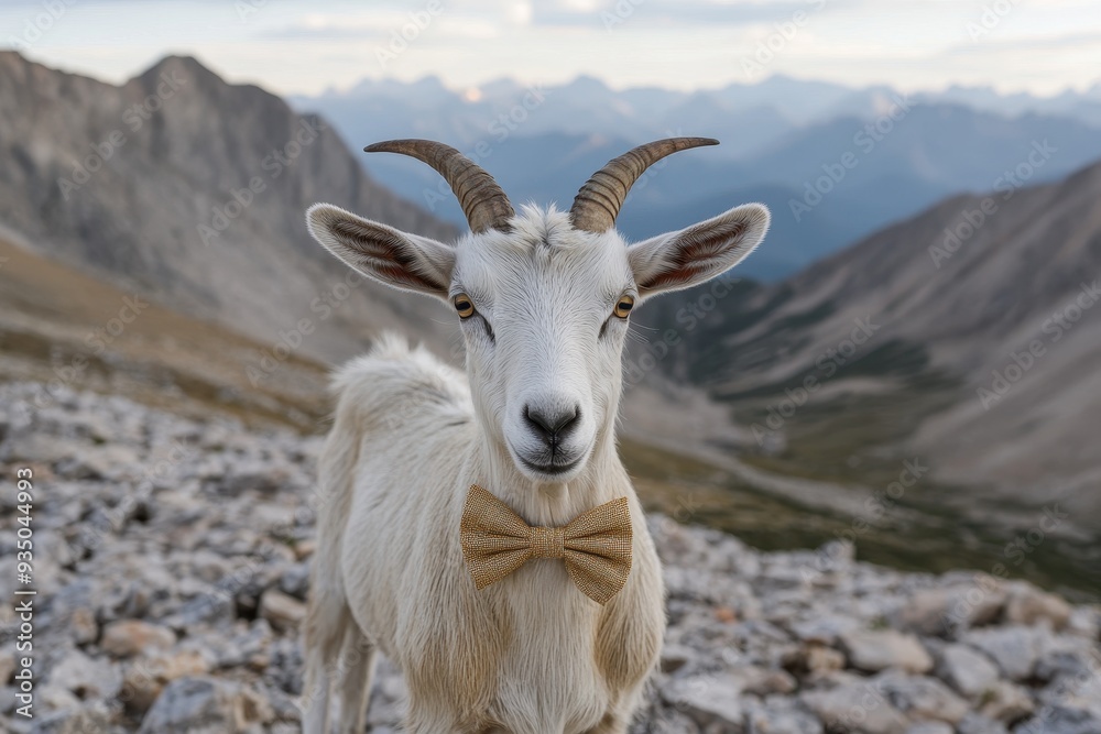 Fototapeta premium Dapper Goat: A goat in a bow tie and vest, standing on a rocky mountain path.