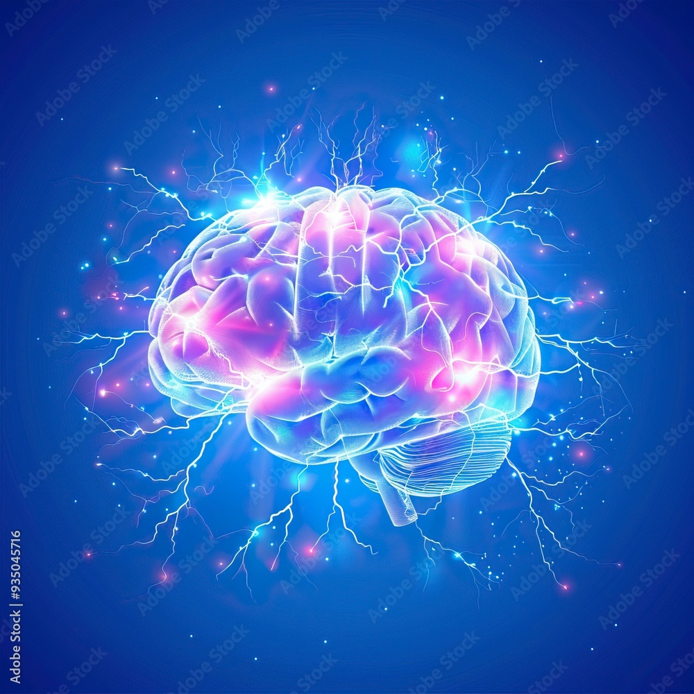 Human brain digital illustration. Electrical activity, flashes and lightning on a blue background Human brain digital illustration. Electrical activity, flashes and lightning on a blue background