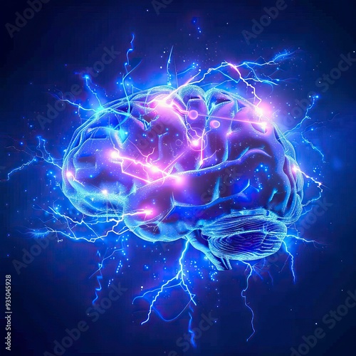 Human brain digital illustration. Electrical activity, flashes and lightning on a blue background