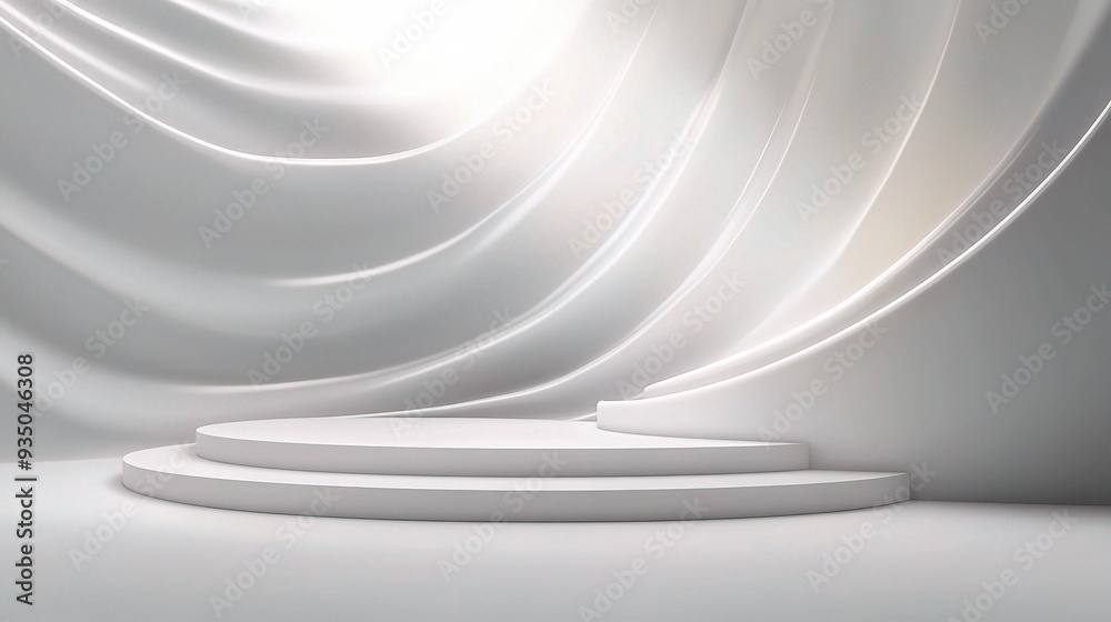 Illuminated Minimalism: A pristine white podium gracefully ascends beneath flowing silk curtains, bathed in ethereal light. Illuminated Minimalism: A pristine white podium gracefully ascends beneath flowing silk curtains, bathed in ethereal light.