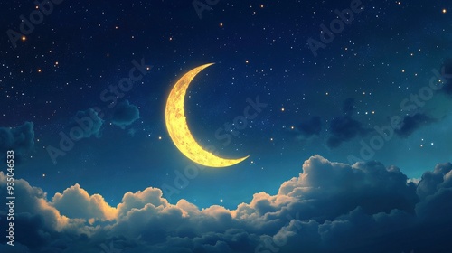 Banner Of Bright Glowing Crescent Moon Above Fluffy Clouds With Starry Sky Background with generative ai