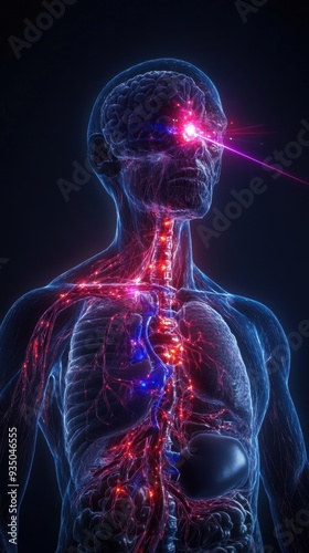 A detailed cross-section of the body illustrating metastasis, with innovative laser treatments actively targeting cancer cells.