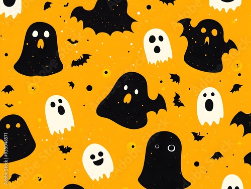 Seamless Haunting Silhouette Pattern with Cute Cartoon Halloween Ghosts and Bats on Orange Background photo