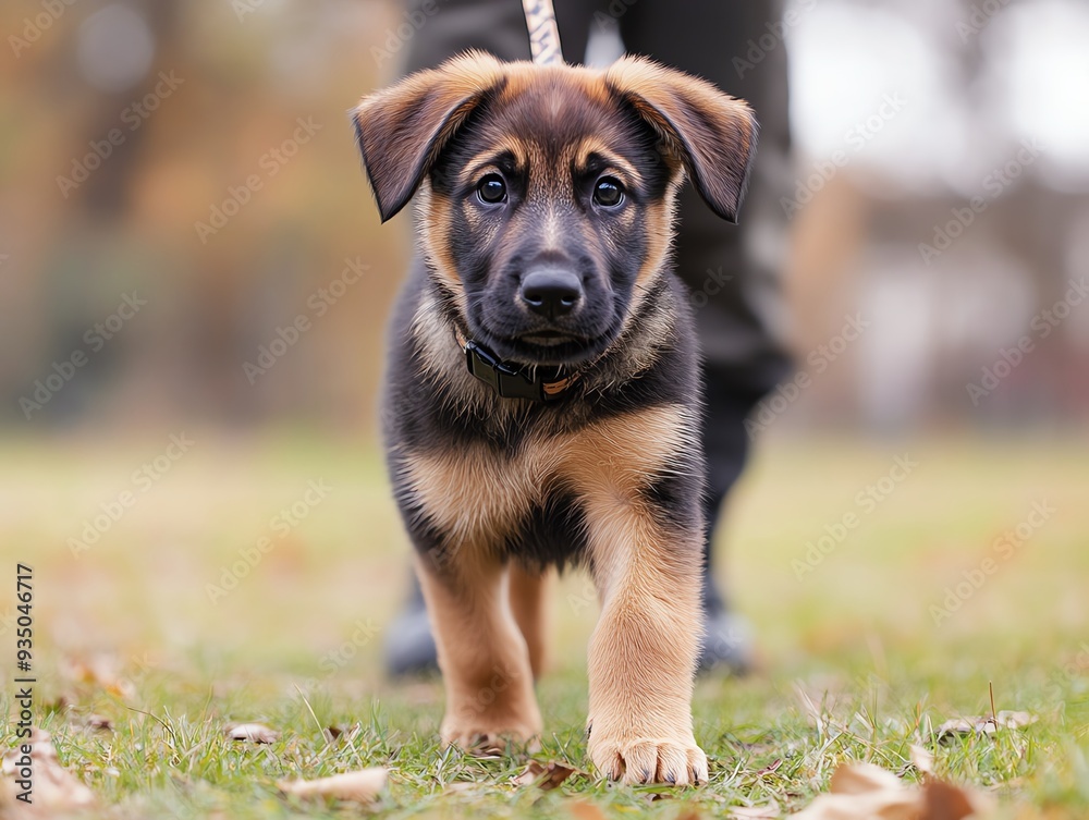 Young K9 puppy exploring its surroundings on a leash, with a handler nearby, puppy curiosity, K9 companion development Young K9 puppy exploring its surroundings on a leash, with a handler nearby, puppy curiosity, K9 companion development