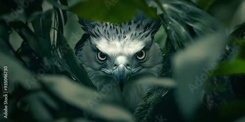 A portrait of a harpy eagle hiding in the bushes of a beautiful  jungle background during the day time closeup shot and sharp colors photo