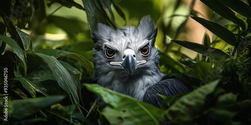 A portrait of a harpy eagle hiding in the bushes of a beautiful  jungle background during the day time closeup shot and sharp colors photo