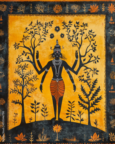 Colorful painting representing a powerful indian deity standing in a symmetrical pose with four arms raised in a spiritual greeting