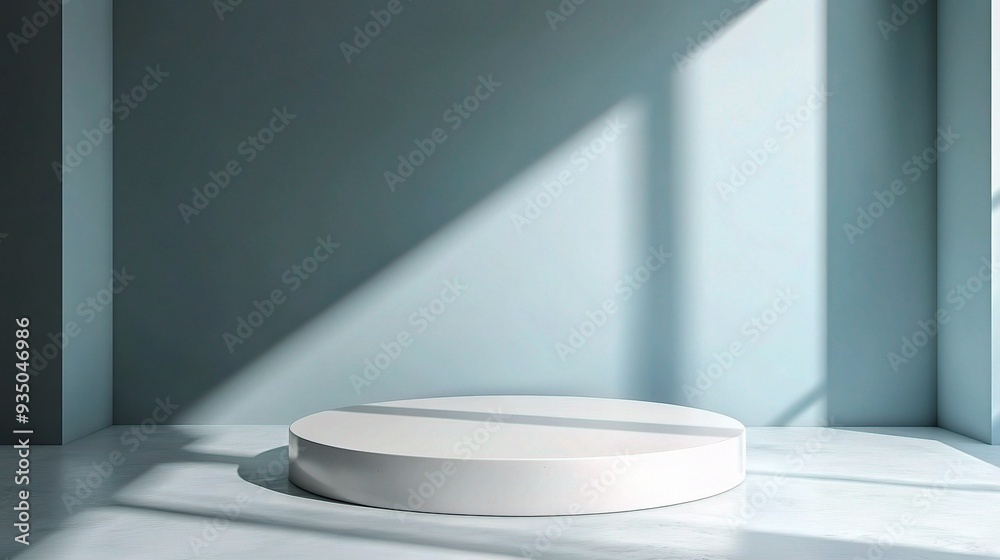 Sunlit Minimalism: A pristine white platform stands in a serene blue room, bathed in the soft glow of natural light. Sunlit Minimalism: A pristine white platform stands in a serene blue room, bathed in the soft glow of natural light.
