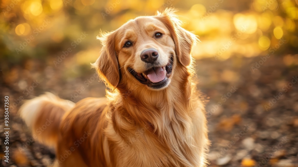 A cheerful golden retriever enjoys a sunny autumn day, surrounded by warm colors and a serene atmosphere. A cheerful golden retriever enjoys a sunny autumn day, surrounded by warm colors and a serene atmosphere.