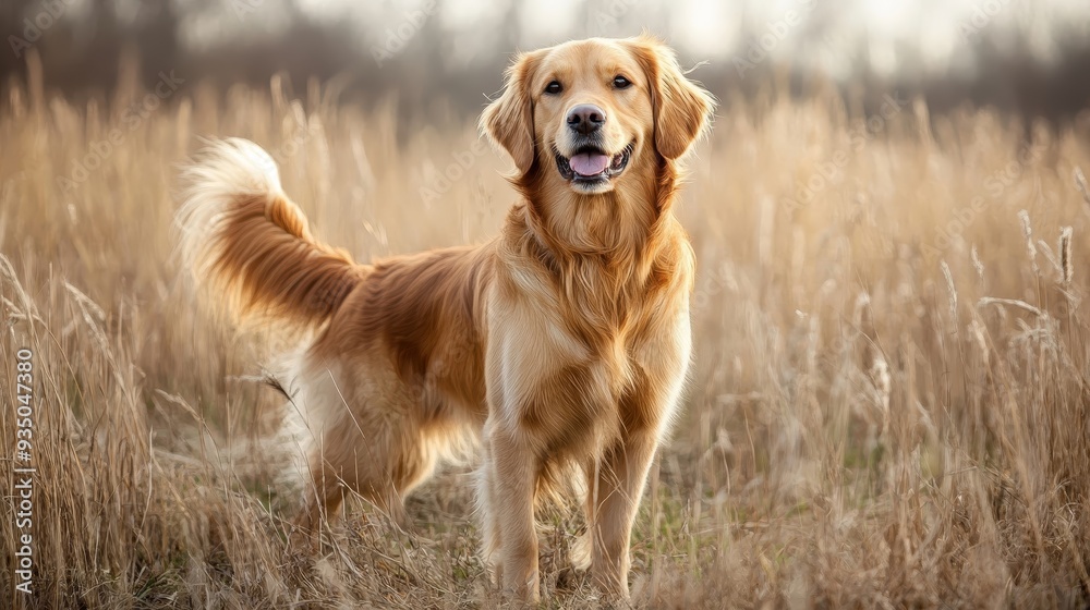 A cheerful golden retriever stands in a sunlit field, showcasing its playful nature and beautiful golden fur. A cheerful golden retriever stands in a sunlit field, showcasing its playful nature and beautiful golden fur.