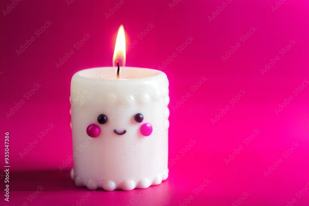 A white candle with a face drawn on it is lit A white candle with a face drawn on it is lit