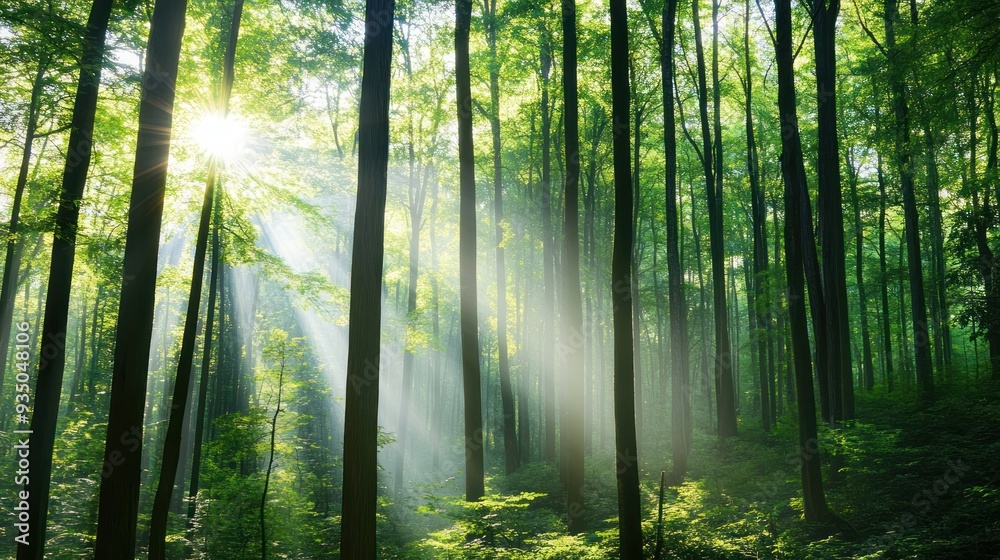 Fototapeta premium Sunbeams Through Forest Canopy