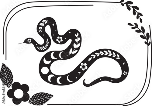 Boho frame with decorative floral snake in retro style. Abstract black serpent silhouette with floral elements inside.