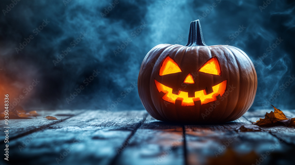 A glowing jack-o'-lantern rests on a rustic wooden surface, surrounded by mist that creates a spooky autumn atmosphere with fallen leaves scattered around, copy space A glowing jack-o'-lantern rests on a rustic wooden surface, surrounded by mist that creates a spooky autumn atmosphere with fallen leaves scattered around, copy space