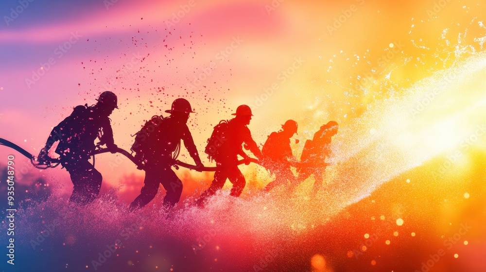 Dynamic Watercolor Illustration of Emergency Response Team Training with Fire Hose, Symbolizing Preparedness for Risk and Safety Management Dynamic Watercolor Illustration of Emergency Response Team Training with Fire Hose, Symbolizing Preparedness for Risk and Safety Management