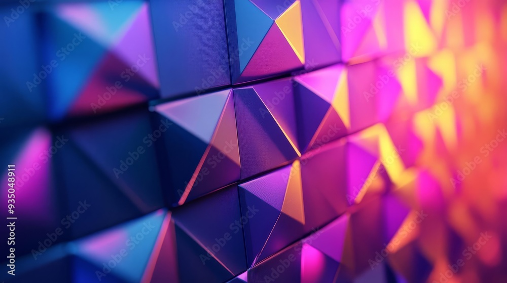 Intricate 3D geometric wall with textured surfaces, vibrant hues, and soft ambient lighting, perfect as a futuristic presentation background Intricate 3D geometric wall with textured surfaces, vibrant hues, and soft ambient lighting, perfect as a futuristic presentation background
