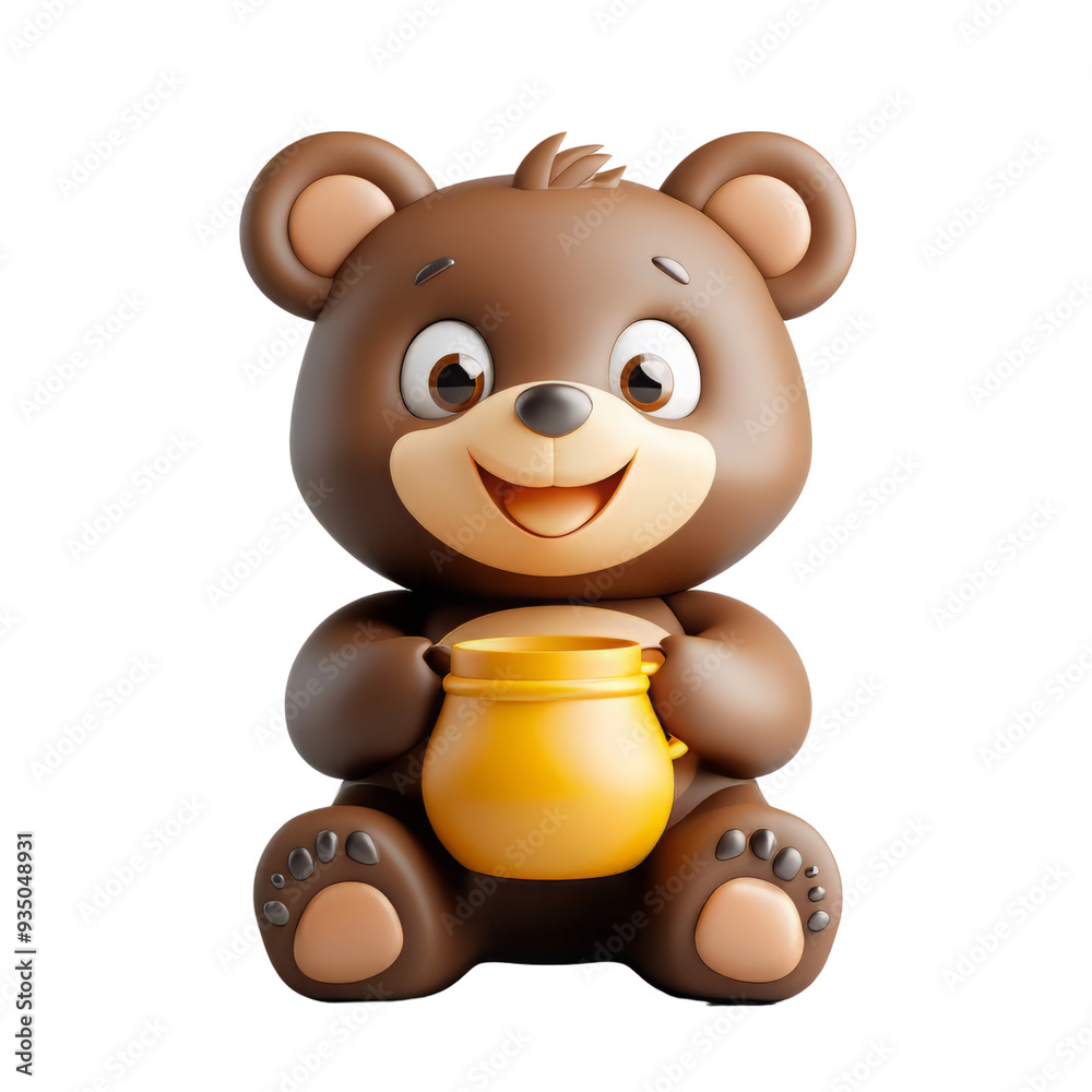 Fototapeta premium A cheerful cartoon bear sitting happily with a honey jar, perfect for children's illustrations and playful designs.