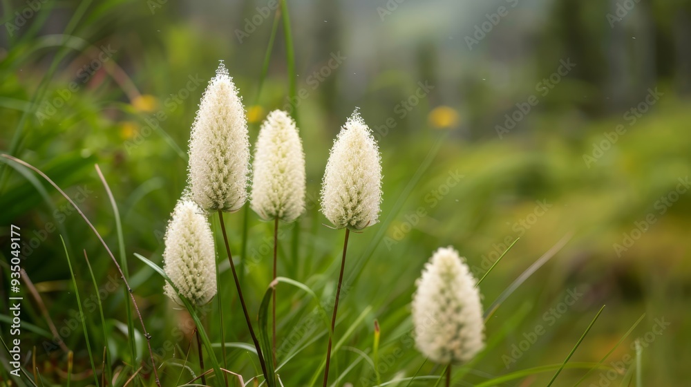 Obraz premium A lush forest carpeted in small white flowers, where a cluster of larger, white blooms rests atop the verdant green grass