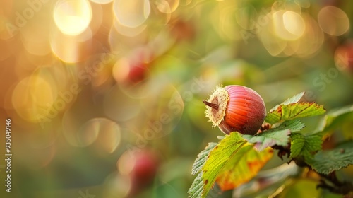  A red apple in focus on a tree branch against green leaves Background features softly blurred lights photo