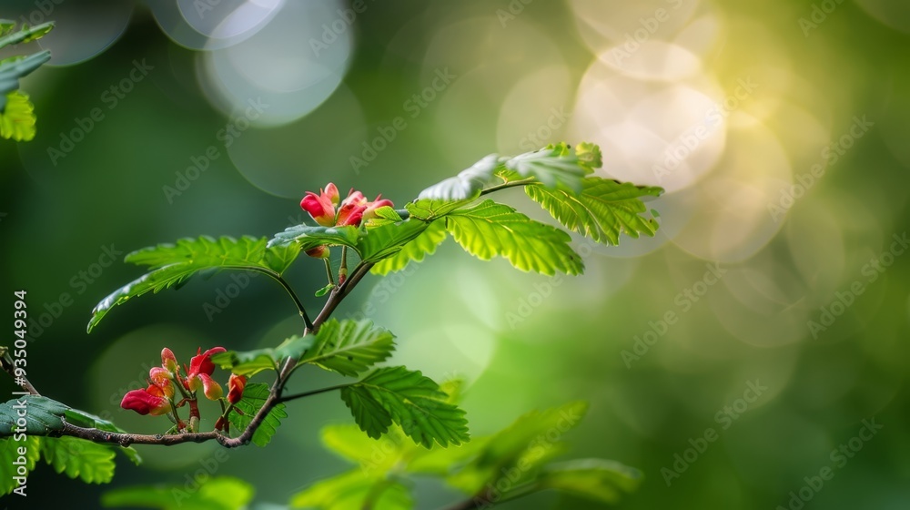 A tree branch bearing red blooms against a hazy backdrop of green foliage A tree branch bearing red blooms against a hazy backdrop of green foliage