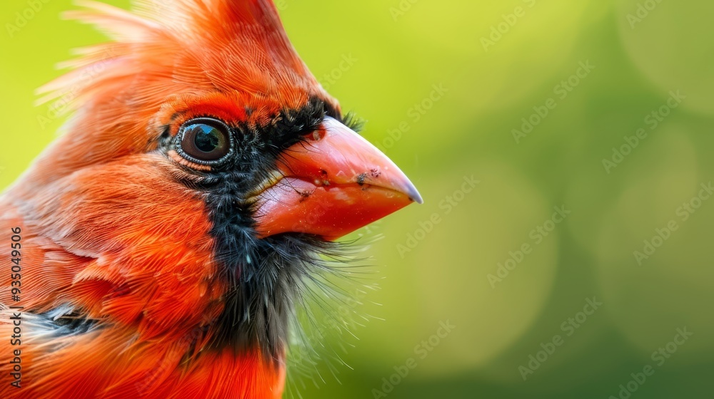 A red and black bird in focus against a blurred green and yellow background A red and black bird in focus against a blurred green and yellow background
