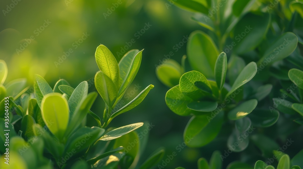 Obraz premium A tight shot of a bush with a green, leafy plant in sharp focus and a softly blurred background