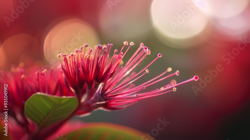  A red flower's petals bear close-up water droplets, while a green leaf lies near in the foreground