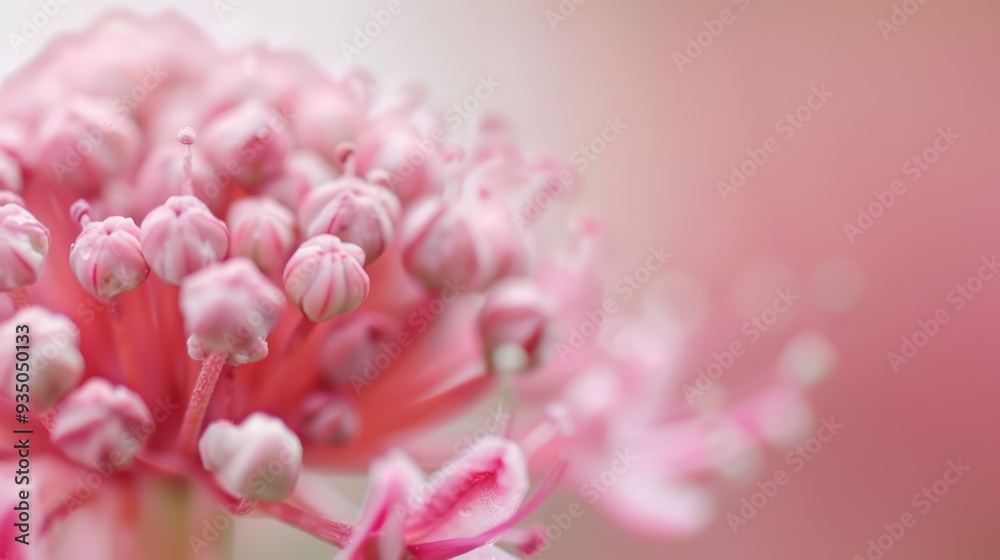  A detailed shot of a pink bloom, teeming with numerous white stamens, against a pink and white hazy backdrop