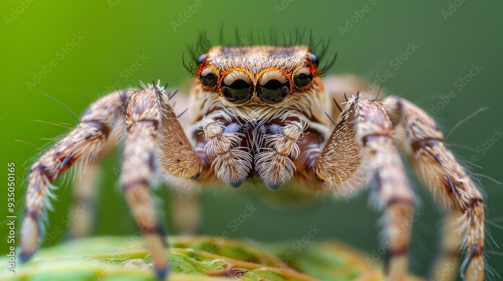 A close-up of a jumping spider atop a green plant, with its eyes fully opened A close-up of a jumping spider atop a green plant, with its eyes fully opened