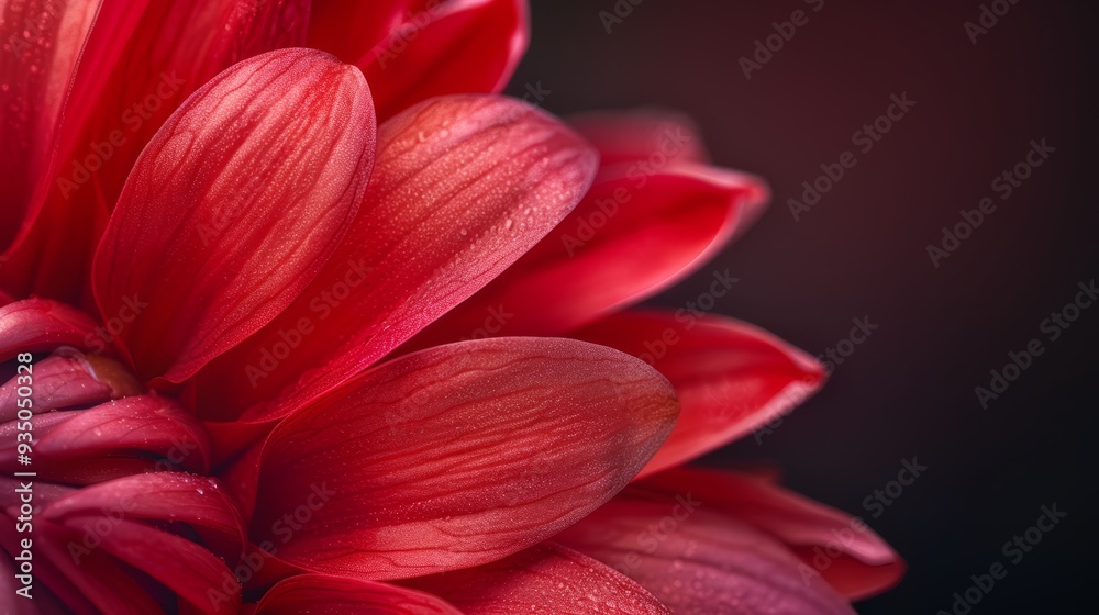 A tight shot of a red bloom with dewdrops on its petals against a black background A tight shot of a red bloom with dewdrops on its petals against a black background