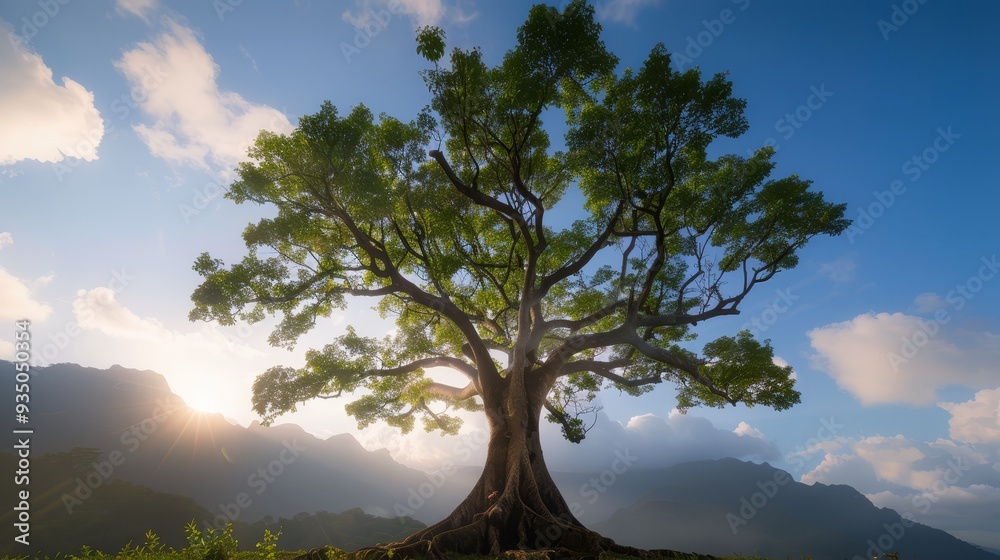 A large tree atop a verdant hillside, surrounded by a lush green expanse; beneath a clear blue sky, the sun shines, filtering through drifting clouds A large tree atop a verdant hillside, surrounded by a lush green expanse; beneath a clear blue sky, the sun shines, filtering through drifting clouds