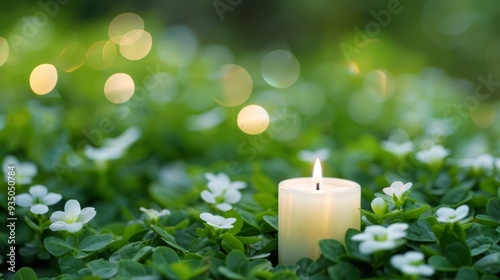  A lit candle sits in the midst of a lush green field, surrounded by blooming flowers The background softly blurred, with an implied repeated pattern - boke boke boke
