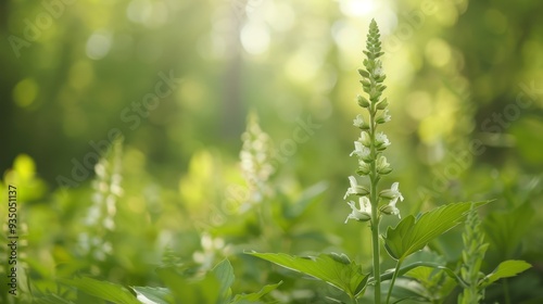  A tight shot of a green plant bearing white blooms in the near foreground, sun's rays filtering through the foliage of trees behind