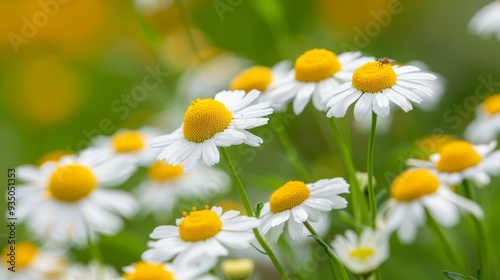  A field of white and yellow blooms, home to a bee atop a daisy's petal